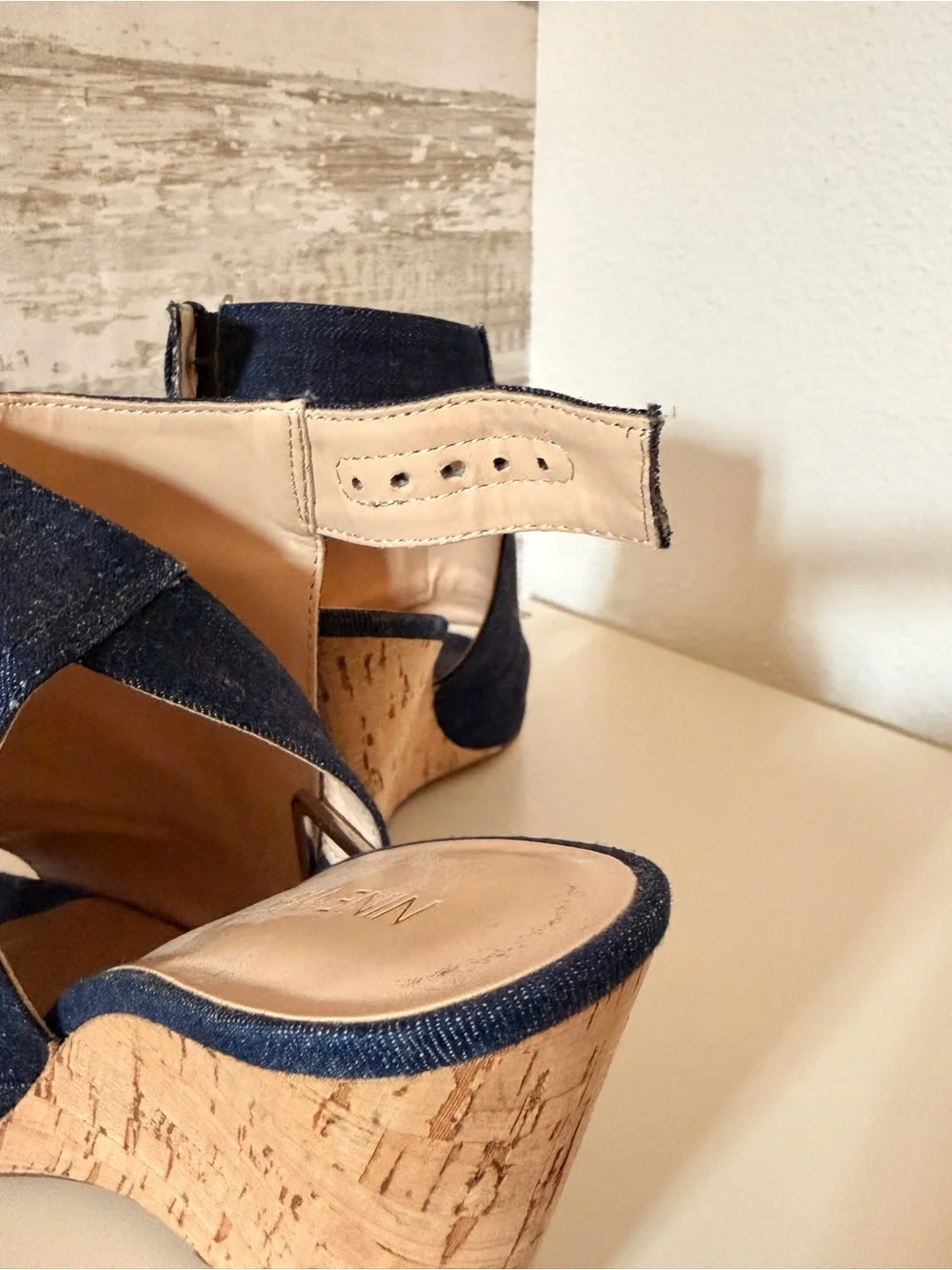 Nine West Denim Cork Wedge Peep-Toe Sandals - Dark Blue